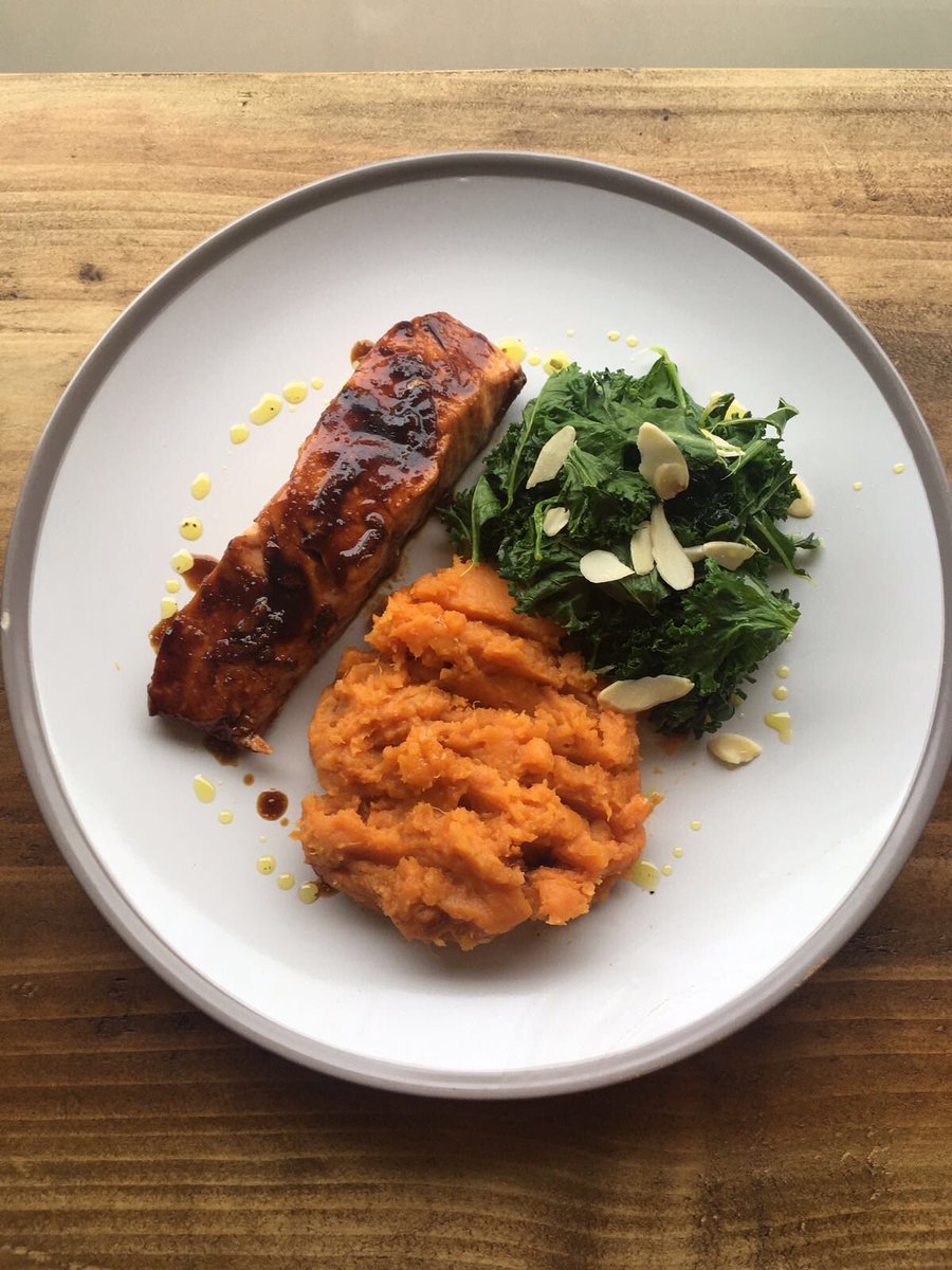 Teriyaki salmon, sweet potato mash with wilted greens 😍