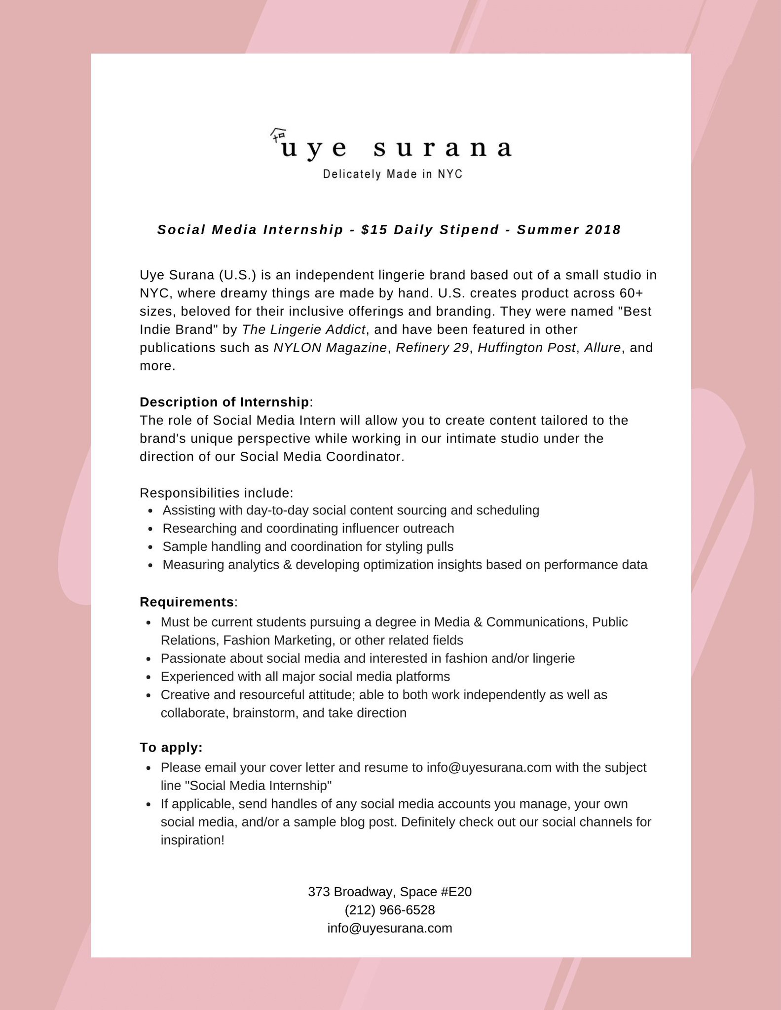 Rit School Of Communication On Twitter Interested In An Internship Opportunity In Nyc This Summer Indie Fashion Brand Uye Surana Is Looking For A Social Media Intern To Apply Email Your Cover