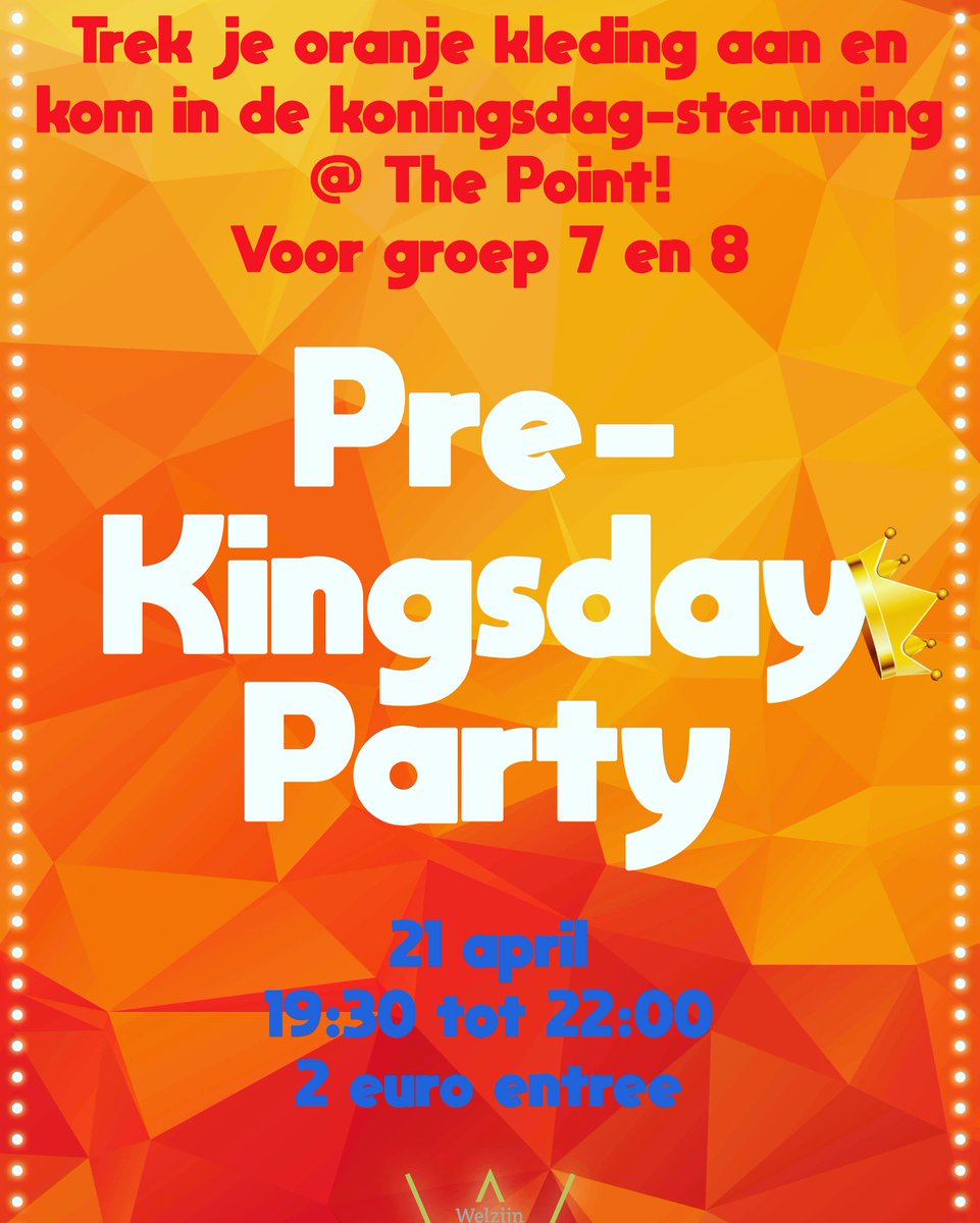 Jong_HW's tweet photo. Alvast opwarmen voor koningsdag?
Kom op zaterdag 21 april naar The Point in Puttershoek voor de Pre-Kingsday tienerdisco!
Iedereen uit groep 7 en 8 is welkom.

Tijd: 19:30 - 22:00 uur
Entree: 2 euro https://t.co/JDTuLkvpCV