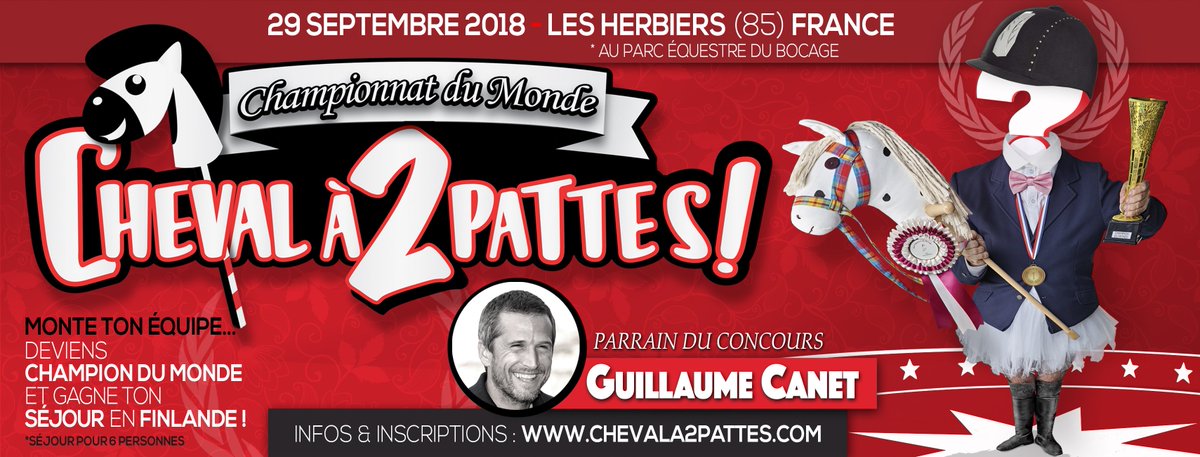 ChevalA2Pattes's tweet photo. 🏆 1ER CHAMPIONNAT DU MONDE DU CHEVAL A 2 PATTES ! 🏆
Tu peux enfin devenir Champion du Monde ! 🥇
➡Le 1er concours hippique avec des chevaux mais sans un cheval, parrainé par Guillaume Canet ! 😁
29.09.18 - Les Herbiers (85) 
RDV sur https://t.co/uXJlJzXJRX
#C2P #ChevalA2Pattes https://t.co/qCFaI3XqVm
