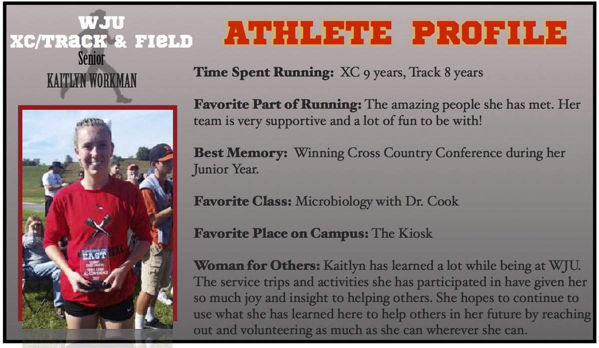 WJU_CampusLife's tweet photo. The Standout Athlete we would like to feature this week is Kaitlyn Workman from the XC and Track & Field team. Kaitlyn serves as the Senior class Secretary/Treasurer, is a two-time National Qualifier in XC, and is involved with Community Service outside of running! https://t.co/2gPyI83xwP
