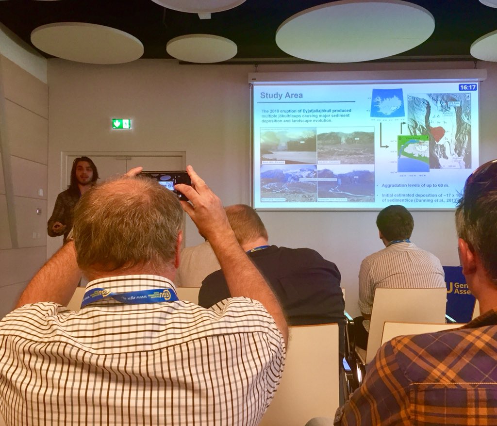 What better way to end a successful #EGU18 than listening to @DevinH_13 proudly present his MPhil at @NCLPhysGeog Complete with @Floodpower paparazzi