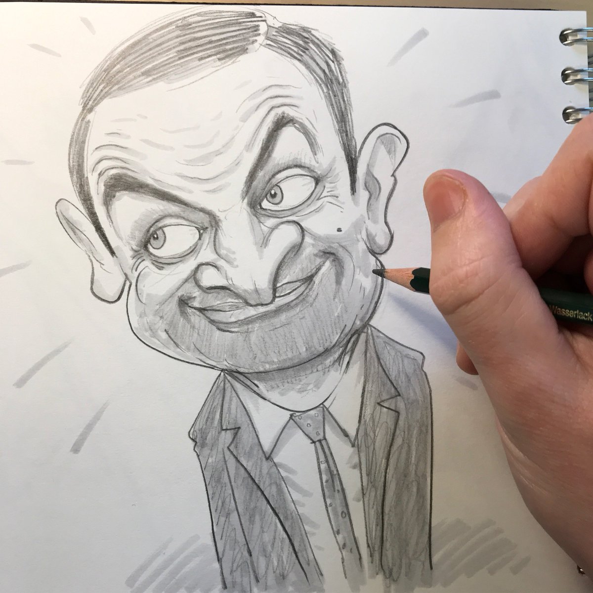 JamesCottell's tweet photo. My now customary #friday #caricature to round off the week. Hereโs a bit of a legend #bean #caricature #drawing #comedy #artwork #pencil #sketchbook #rubberyface #mrbean #rowanatkinson #humour Happy Friday ๐คฃ https://t.co/x1riHWqJYg