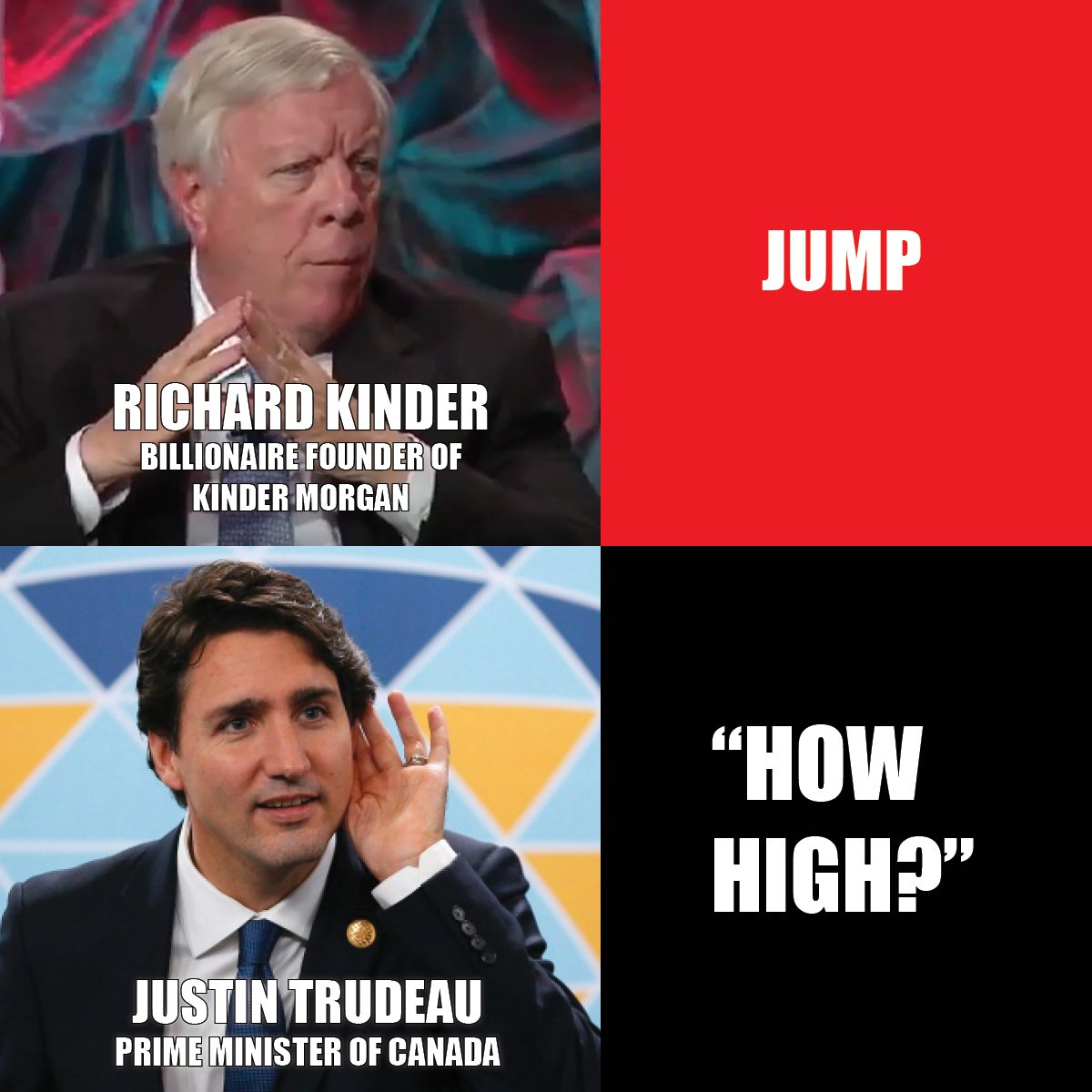 "Kinder Morgan effectively commanded Justin Trudeau to jump this past weekend, and he and his ministers have spent the week bouncing up and down." Ethan Cox on the shakedown, and how Trudeau is falling for it. ricochet.media/en/2170/kinder… #cdnpoli #KinderMorgan #StopKM