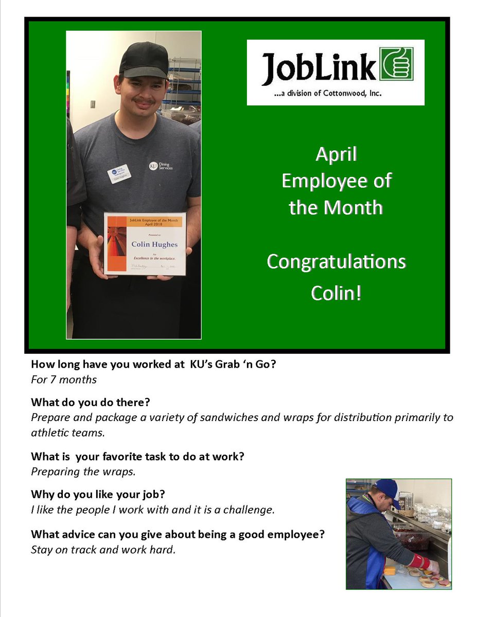 cottonwood_inc's tweet photo. JobLink @cottonwood_inc #employeeofthemonth #supportedemployment
#employmentfirst #lawrencejobs #joblink #KUdining #grabngo https://t.co/mVUQZNi9i0