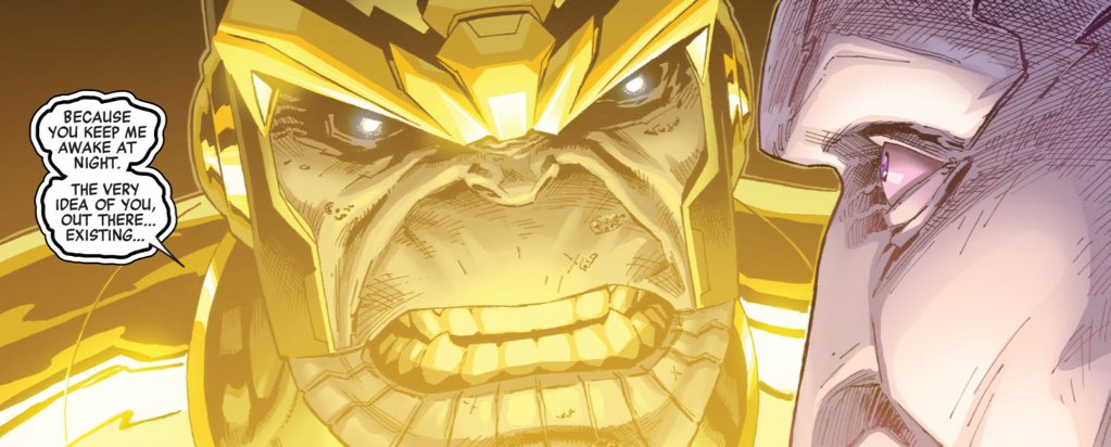 Thanos' fixation on murdering Thane is a fascinating twist on Hickman's recurring motif of creations-versus-creator.Particularly since children often serve as a reminder of one's mortality, making Thane's powers very apropos.(Infinity #5.)