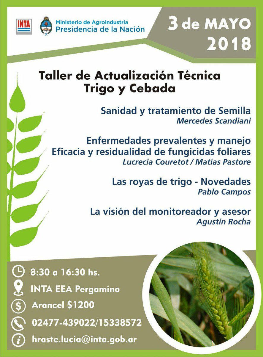 lhraste's tweet photo. Ultimos cupos #Capacitación #3Mayo  "Taller de actualización Técnica en Trigo y Cebada"🌾 en @IntaPergamino  @lucrecouretot @MatiasPastore3 @lhraste @INTACRBAN @RizobacterARG @FMCagricola @BASFAgro @Syngenta_ar @RattoLucas @micazaro https://t.co/2N07Oo6yd0