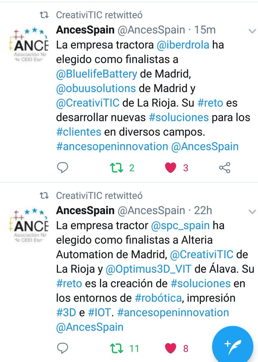 CreativiTIC's tweet photo. Gracias @spc_spain e @iberdrola por seleccionar a @CreativiTIC #RealidadAumentada #RealidadVirtual #Industria40 #Educacion @AncesSpain #ancesopeninnovation #LaRioja https://t.co/ciDxDHT1Dt /cc @Emprenderioja @LuisPerezEche @luisruanomarron @lgmenorca @een_ader @AERTIC @fjridruejo https://t.co/eF6dQttPbo