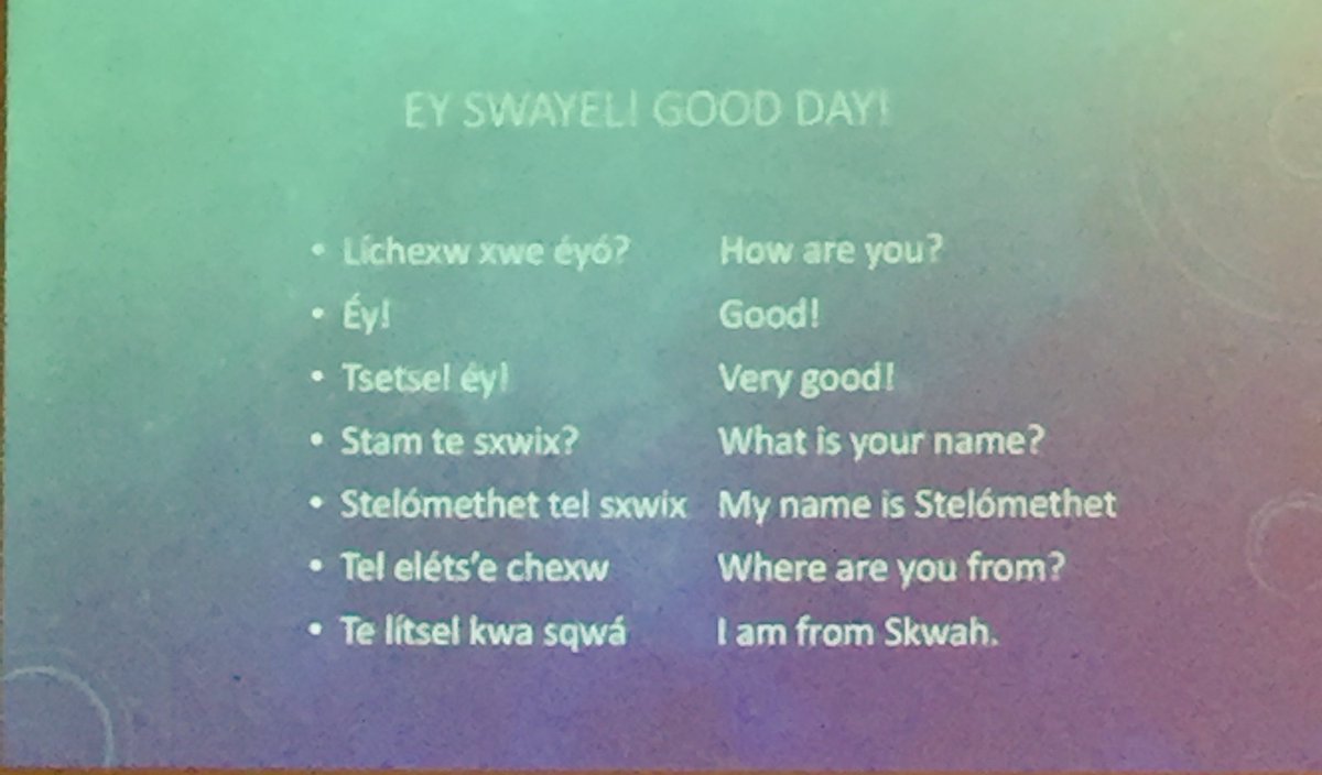 mmebarron's tweet photo. Learning some Halq'eméylem this morning with Ethel Gardner #BCLCA @BCLCA #sd36abed https://t.co/4BBVA9FfD0