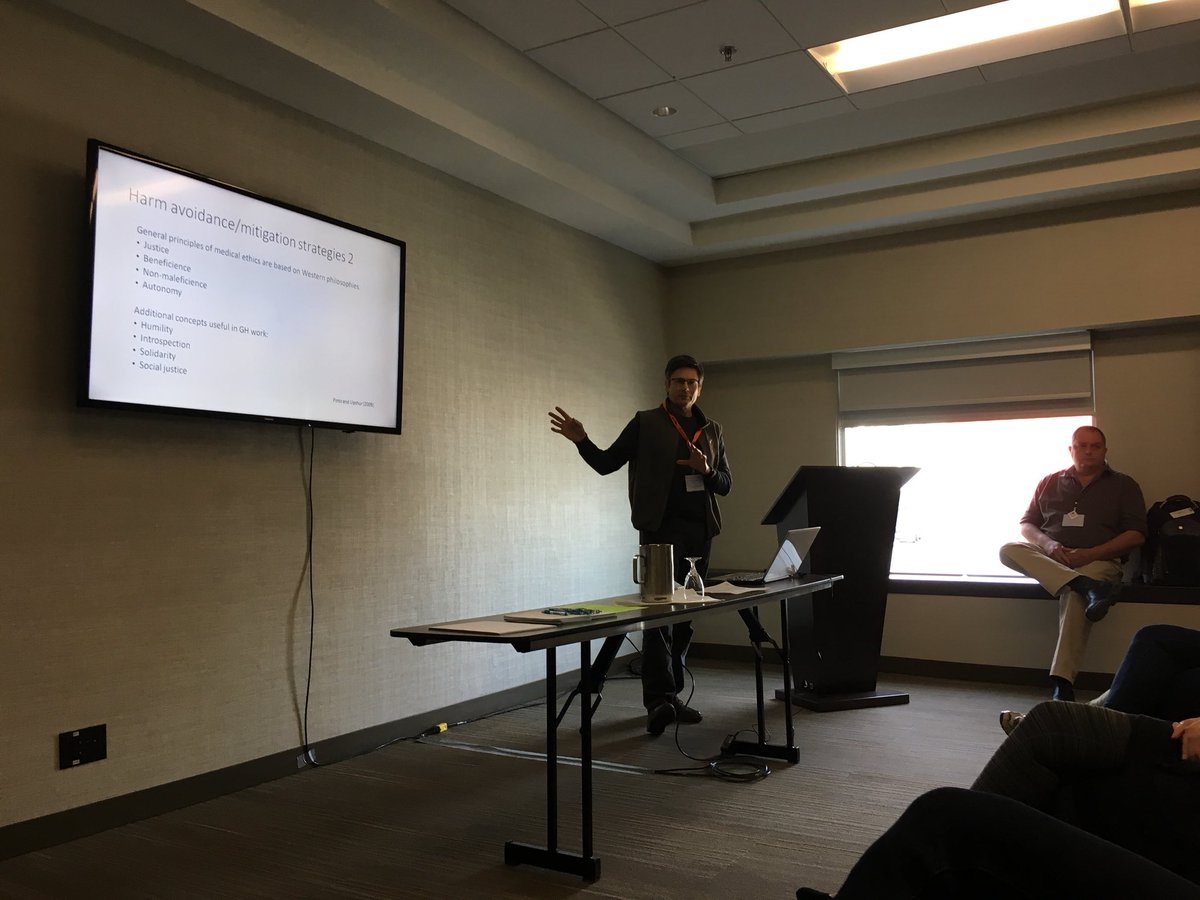 Global Health Ethical principals include: humility, introspection, solidarity, and social justice (Pinto & Upshur, 2009). Great presentation at #srpc2018 by @stobbek and Dr Ray Markham.