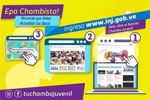 Epa Chambista! Dede el #MNRR te recordamos que debes ingresar a inj.gob.ve para actualizar tus datos. ¡No te quedes sin hacerlo! #ChambaJuvenil #RecreaTuChamba #MNRRActivoEnLasRedes @NicolasMaduro @JeanRoman_MNRR @pinfantea @Yurami_PSUV