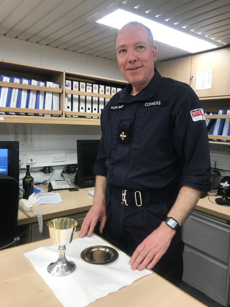 HMSEnterprise's tweet photo. #meetTheTeam This is the Bish! He is the chaplain assigned to the HM squadron and he’s with the #topShip for 3 weeks. Did you know that a #RN Bish holds no rank? By tradition they assume the rank of the person they talk to! #itsNotJustAboutReligion #AlwaysBeASailor #sailors https://t.co/i7CtcWnLuI