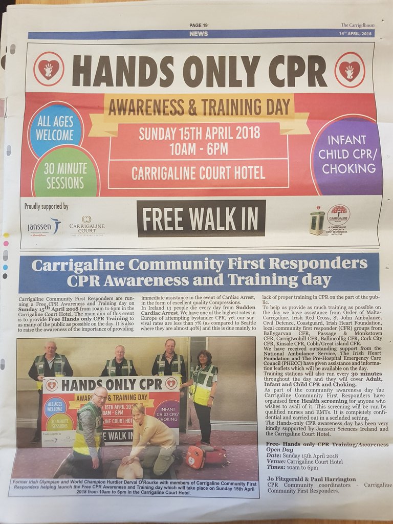 Carrigaline Community First Responders (@carrigalinecfr) on Twitter photo Thanks to our good friends <a href="/Carrigdhounnews/">Carrigdhoun Newpaper</a> for the page in this weeks edition helping us to promote Sunday's FREE Hands only Adult/Infant CPR awareness day.....#savealife #knowCPR #chainofsurvival Thanks to our good friends <a href="/Carrigdhounnews/">Carrigdhoun Newpaper</a> for the page in this weeks edition helping us to promote Sunday's FREE Hands only Adult/Infant CPR awareness day.....#savealife #knowCPR #chainofsurvival
