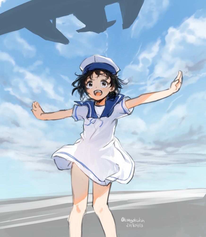 1girl sailor dress dress hat black hair sky cloud  illustration images