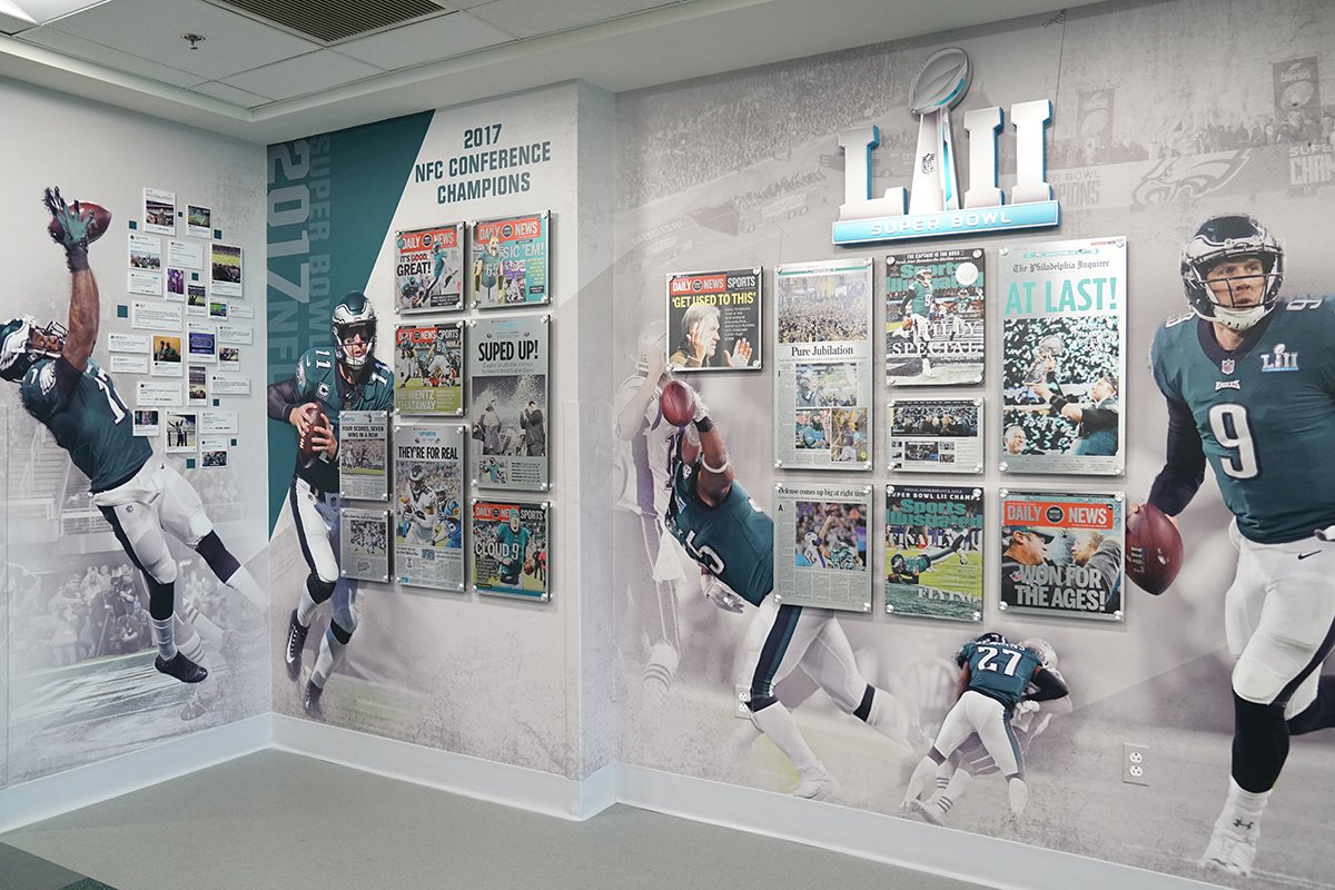 Eagles's tweet photo. Some new Super Bowl artwork at the NovaCare Complex.

#FlyEaglesFly https://t.co/cqm3kj3iBr