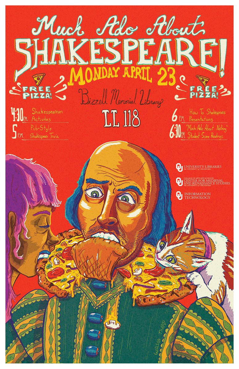Celebrate Shakespeare's Birthday Monday, April 23rd in Bizzell LL118! The party starts at 4:30pm with Shake-tivities, 5pm pub-style Shake-trivia, 6pm intriguing Shake-tations (presentations), and 6:30pm student-led Shake-scene readings! AND FREE PIZZA! Poster art by <a href="/WilsonTharp/">Wilson Tharp</a>
