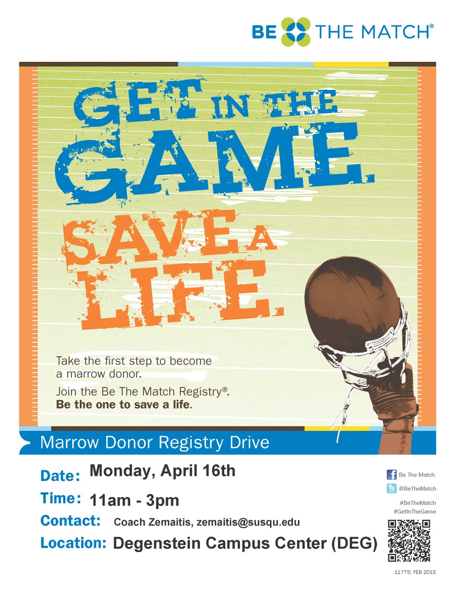 SURiverHawksFB's tweet photo. Susquehanna don't forget to come register on Monday for the National Bone Marrow Registry! Take the first step to potentially saving a life! Members from Football , Field Hockey , Women's Basketball , and Women's Soccer will be there to help from 11-3! https://t.co/yVc9otxvBs