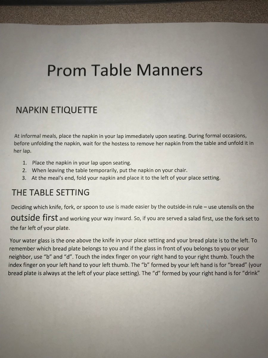 EsteroHS's tweet photo. Students attending prom, here are some simple etiquette tools for dinner tomorrow night! #wildcatpride #LoveLeeSchools https://t.co/SeUM7S6ZnO