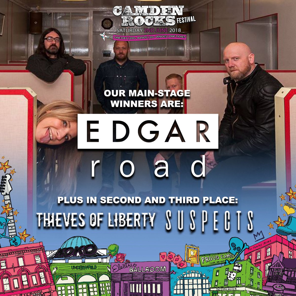 CONGRATULATIONS ★ To <a href="/Edgar_Road/">Edgar Road</a> on snapping up the main-stage spot at <a href="/CamdenRocksFest/">Camden Rocks Fest</a>, out of nearly 20,000 band submissions! Also due to join in 2nd &amp; 3rd place are <a href="/ThievesLiberty/">Thieves Of Liberty</a> &amp; @BandSuspects. A huge congrats &amp; thanks to everyone for getting involved!