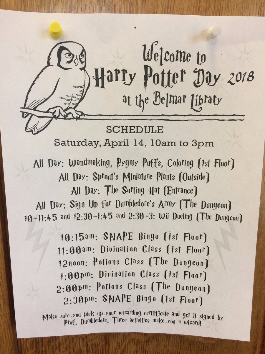 BelmarNJLibrary's tweet photo. Check out the killer schedule for tomorrow. Countdown IS ON!!!
And remember: "In dreams, we enter a world that's entirely our own."- Albus Dumbledore ⚡⚡⚡
See you at Hogwart's tomorrow!
#belmarlibrary #belmarartscouncil #yourenevertooold #weloveharrypotter https://t.co/4ekPVmyqO2