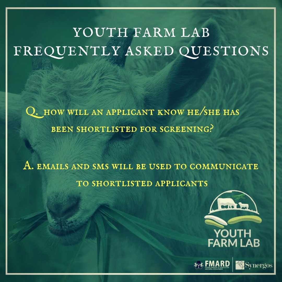 YouthFarmLab's tweet photo. One of the Frequently asked Questions that has been asked about the Youth Farm Lab is:
Q. How will an applicant know he or she has been approved for screening?
A. Emails and SMS will be used to communicate to shortlisted applicants.
#YouthFarmLab #YouthFarm #AgricBusiness https://t.co/ygkUDQ3GP5