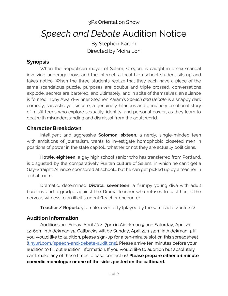 3_Ps's tweet photo. Audition for O-Shows! Here are the audition notices for @TornTicketII 's Ghost Quartet directed by Amanda Rose and 3Ps' Speech and Debate directed by Moira Loh! https://t.co/LvQAgXTF67