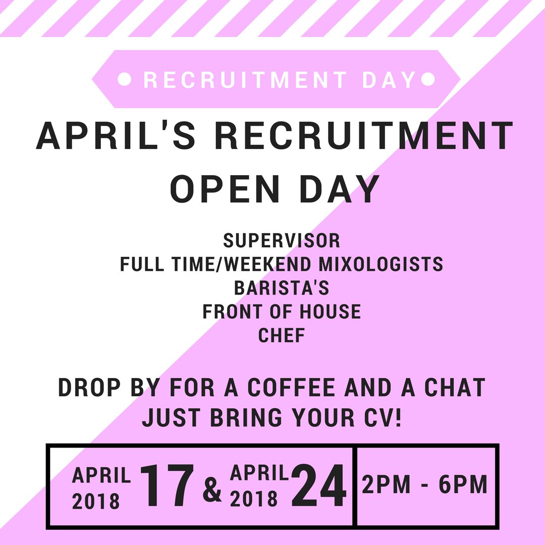 Want to work with us!? Pop in for a coffee ☕️ 
April 17th OR 24th // 2pm - 6pm. 
No need to book, just bring your CV! 
See you then