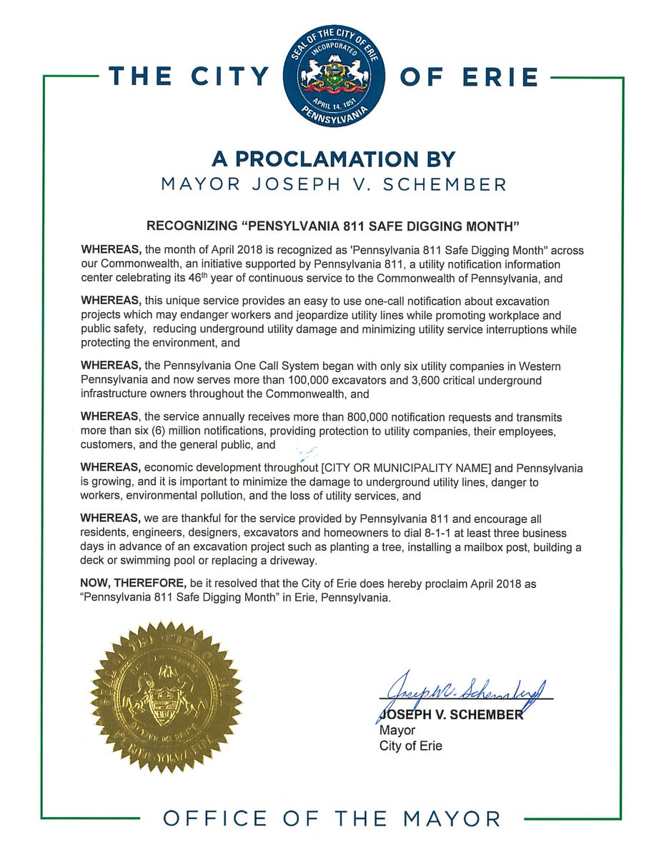Pennsylvania811's tweet photo. Thank you to Mayor Joseph V. Schember for designating April 2018 as "Pennsylvania 811 Safe Digging Month" for the City of Erie. We appreciate your support. #811PAProclamations #Call811 #NSDM #811Partners https://t.co/aRvdcBc584 https://t.co/MyoQ3lxB0R