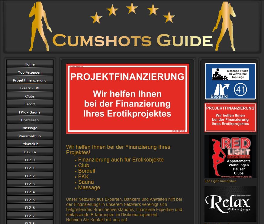 Wir helfen Ihnen bei der Finanzierung Ihres Projektes!
#Finanzierung auch für #Erotikobjekte
Unser Netzwerk aus Experten, hilft bei der Finanzierung!
In unserem Netzwerk vereinigt sich tiefgreifendes Branchenverständnis.
Nehmen Sie Kontakt mit uns auf. cumshots-guide.de