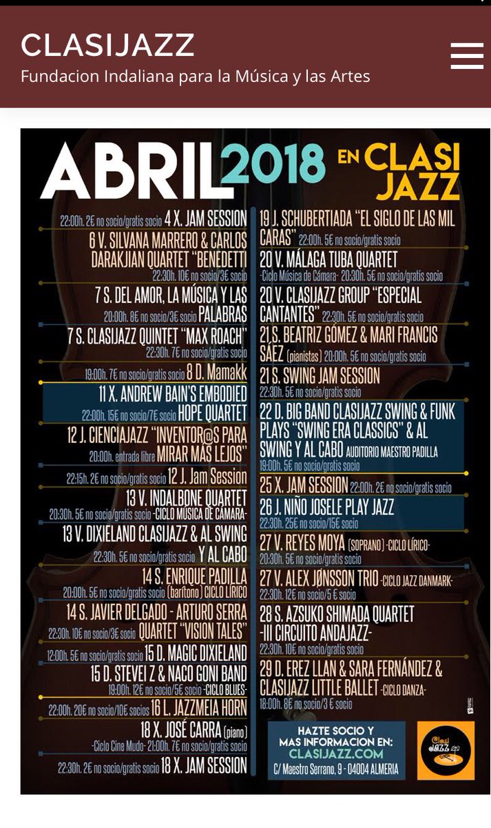 congresosafh's tweet photo. Aquí os dejamos alguna opción más de ocio/cultura para este fin de semana (y todo Abril!)
#ClassiJazz 
#Almería 
Disfruta de la Música 🎵 https://t.co/dNKPMmvWIe
