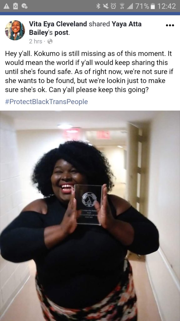 burnitd0wwn's tweet photo. Y’all, please. I’m begging y’all to share this. Spread the word and help to bring my friend home. She is a HUGE voice for black trans women and an incredible soul. #FindKokumo #ProtectBlackTransWomen https://t.co/8yZvnu0wtX