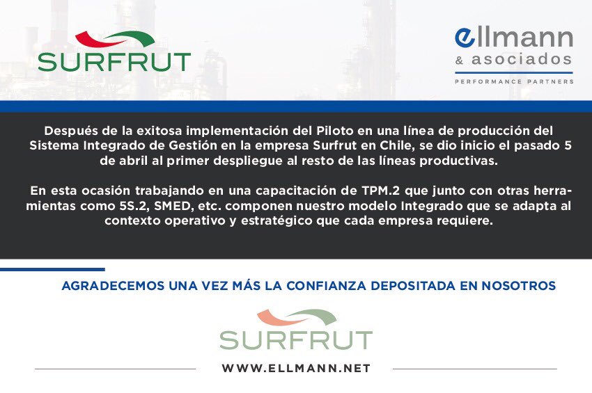 EllmannyAsoc's tweet photo. Agradecemos a la firma Surfrut la confianza depositada en nosotros. Con orgullo podemos comunicar que después de la exitosa implementación del Piloto en una línea de producción del Sistema Integrado de Gestión, se dio inicio al primer despliegue al resto de las líneas productivas https://t.co/P6d9Up8nsx