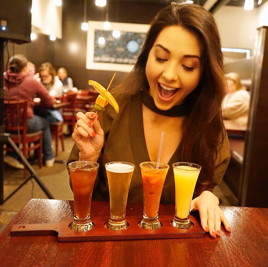 Go963MN's tweet photo. Ready for takeoff 💥 Which one would you drink first? L to R: Coffee, IPA, Bloody Mary, Mimosa. @GiselleUgarte obviously went straight for the snacks/cheese 💁🏻‍♀️ #BrunchFlight @edinagrill  #FoodieFriday https://t.co/izksFi7k5L