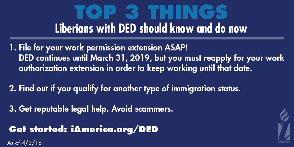 SEIU's tweet photo. RT! Liberians with #DED should file for work permission extension now! While DED continues until March 31, 2019, you MUST reapply for work authorization in order to avoid gaps in your permission to work. https://t.co/RAfchyYLtM  #SaveDED #ExtendDED #Liberia https://t.co/vOQuTEoIzO
