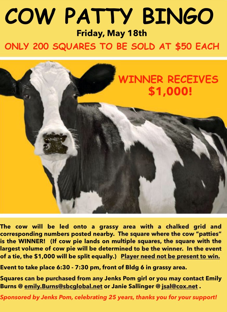 jenkstrojanpom's tweet photo. Find a POM girl and get your ticket before it’s too late!🐄💩💰 Only 200 tickets will be sold, $50 gets you a square! #itscowpattybingoyall
#jenkspom #Moolah #yesthisisathing #jenkslife #jenkstrojans #BeThereOrBeSquare https://t.co/5F52ROQNVP