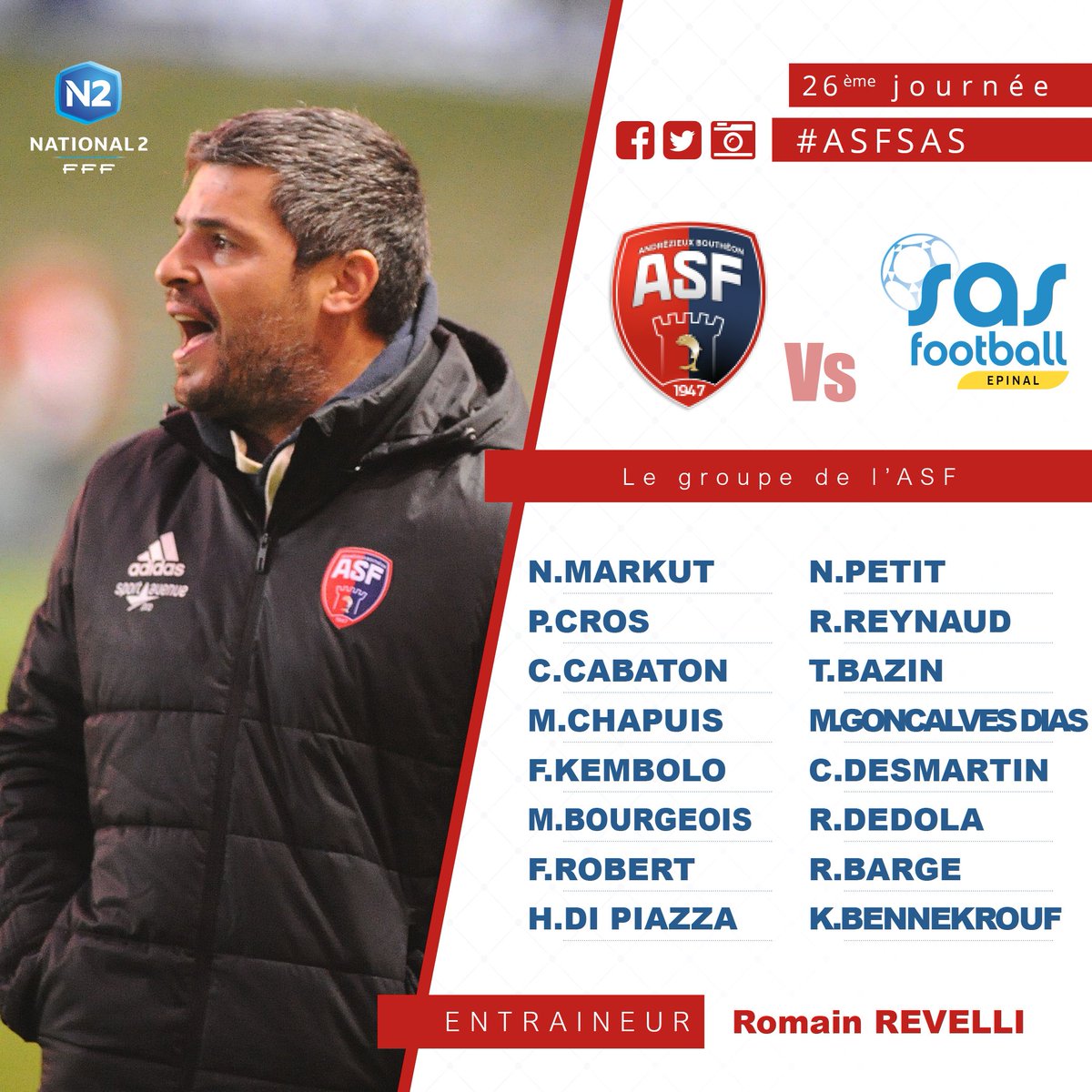 andrezieuxbthfc's tweet photo. #ASFSAS Découvrez le groupe convoqué par @Romain_Revelli pour la 26' journée de N2 contre le @EpinalFootball
A retrouver ici 🌎-->https://t.co/UsLcYcBnSu
#TeamASF🔴🔵 #National2🏆 https://t.co/F1NCpemod7