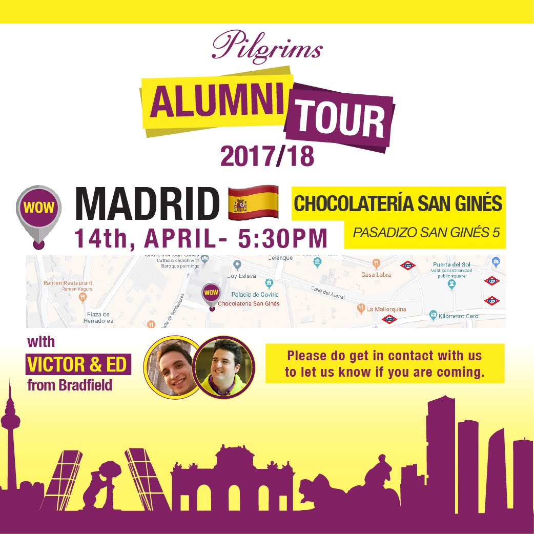 PilgrimsEnglish's tweet photo. Don’t forget about the next stop of our Alumni Tour! 

We’ll be in Madrid tomorrow at 5:30pm at “Chocolatería San Ginés” (Pasadizo San Ginés, 5).

Come and meet @victorbriegas &amp; @eduardperise for a wowtastic time. 🙌 https://t.co/57RSevUUjT