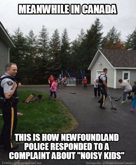 MeanwhileinCana's tweet photo. I love the response from these officers to the noise complaint. #MeanwhileinCanada #BadReasonsToCallThePolice https://t.co/sCKdkWzalZ