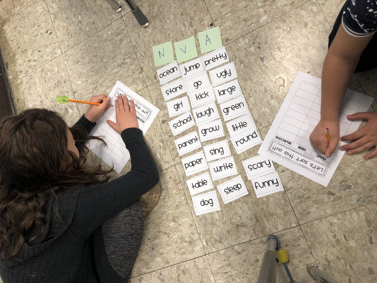Miss_Grabler's tweet image. Reinforcing what makes a word a noun, verb, or adjective. Students did so well working with partners to sort the words into three categories! Great job Room 22! #RSS11 #GrammarFun 💯