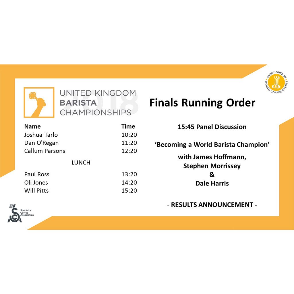 Join us at 10:20am for the #UKBC2018 Finals with @joshuatarlo , @doregan1 , <a href="/pedalsforcoffee/">Callum Parsons</a> , <a href="/paul_ross_/">Paul Ross</a> , @olljones &amp; @willpittsyeah, followed by a fantastic <a href="/lamarzoccouk/">Lorenzo Carboni</a>     panel; "Becoming a World Barista Champion" featuring James Hoffmann, Stephen Morrissey &amp; Dale Harris