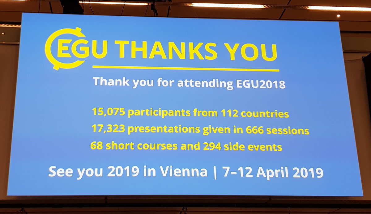 Amazing week, amazing numbers of #EGU18: 15075 participants, 112 countries, 17323 presentations.
See you 2019 in #Wien
@EuroGeosciences @EGU_GM @EguNHpresident @EarthSurfS