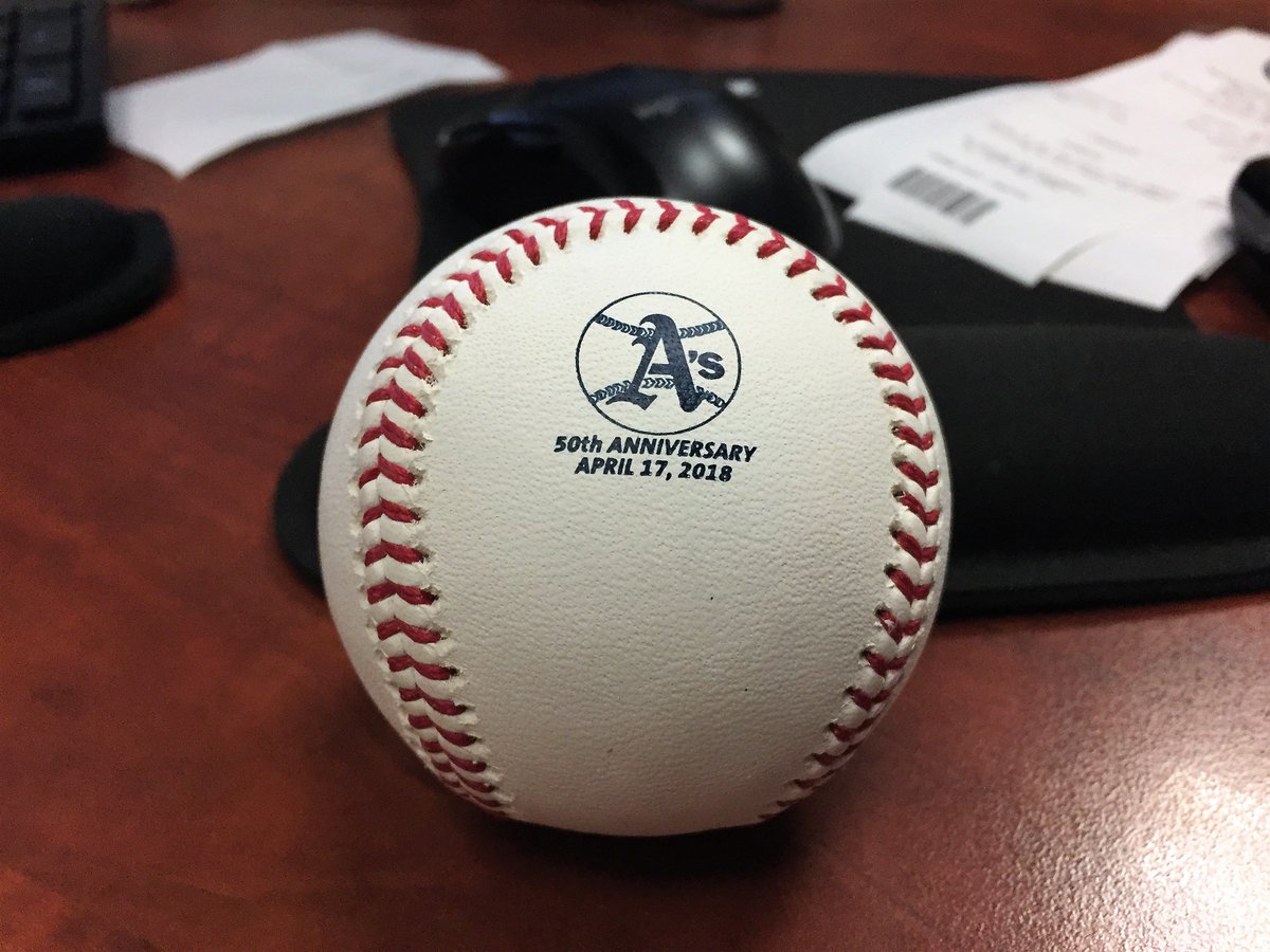We will use these special commemorative baseballs for the @athletics 50th Anniversary game on 4/17!  RT for a chance to win a game used ball!

athletics.com/50