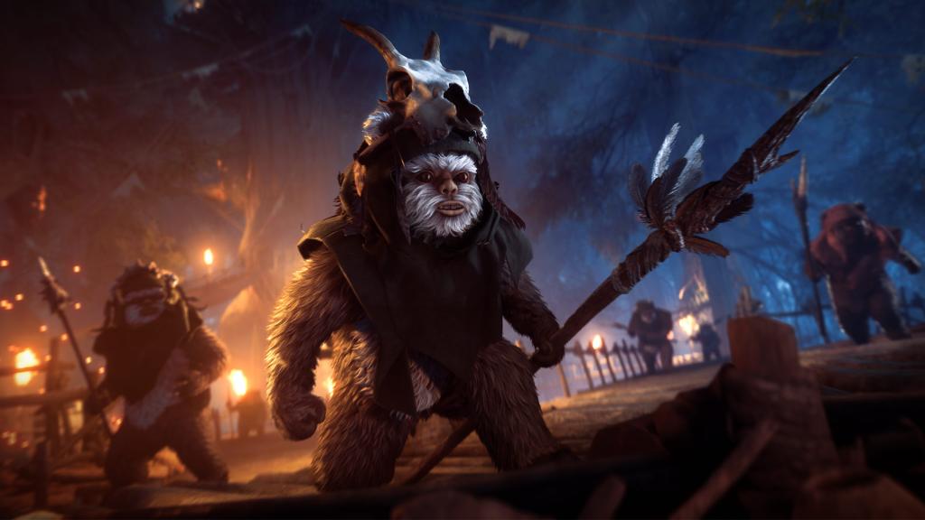 starwars's tweet photo. On Endor, the Ewoks hunt YOU. Check out #StarWarsBattlefronII's new mode at https://t.co/mVXi17I07U. https://t.co/eMy171tN0W https://t.co/j341rKAM7C