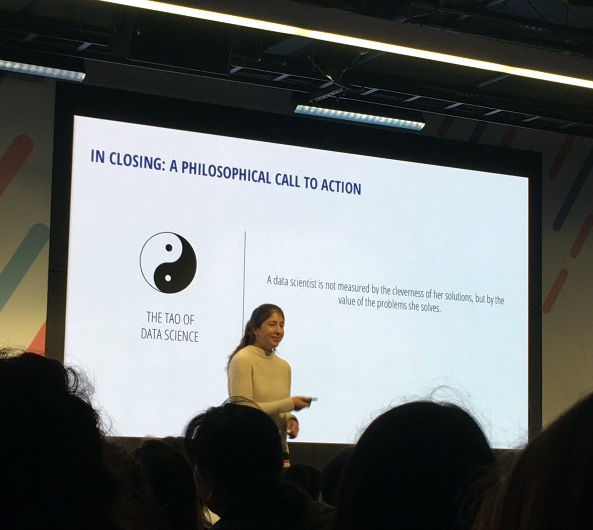 iftimeexists's tweet photo. “A data scientist is not measured by the cleverness of her solution, but by the value if the problem she solves.” @elenatej #WiAC2018 https://t.co/crelrtbrB8