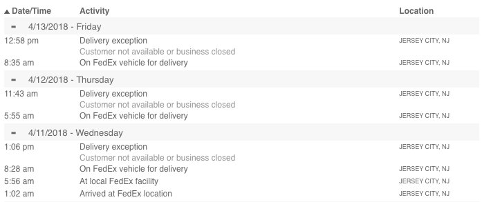 Another failed delivery by <a href="/FedEx/">FedEx</a> while I'm home. 3 days, 0 trucks stopping by, 0 knocks on the door, 0 door bells. Pretty sure these attempts are lies. #FedExFails #DontShipWithFedEx #WhyWasteTimeAndMoney