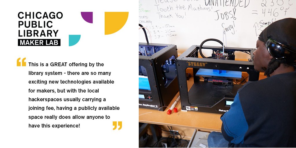 chipublib's tweet image. The #CPLmakerlab features introductory workshops on digital design software, 3D printing, laser cutters &amp;amp; more + 13 hours of Open Shop time per week for projects &amp;amp; collaboration. chipublib.org/makerlab #NationalLibraryWeek #LibrariesLead