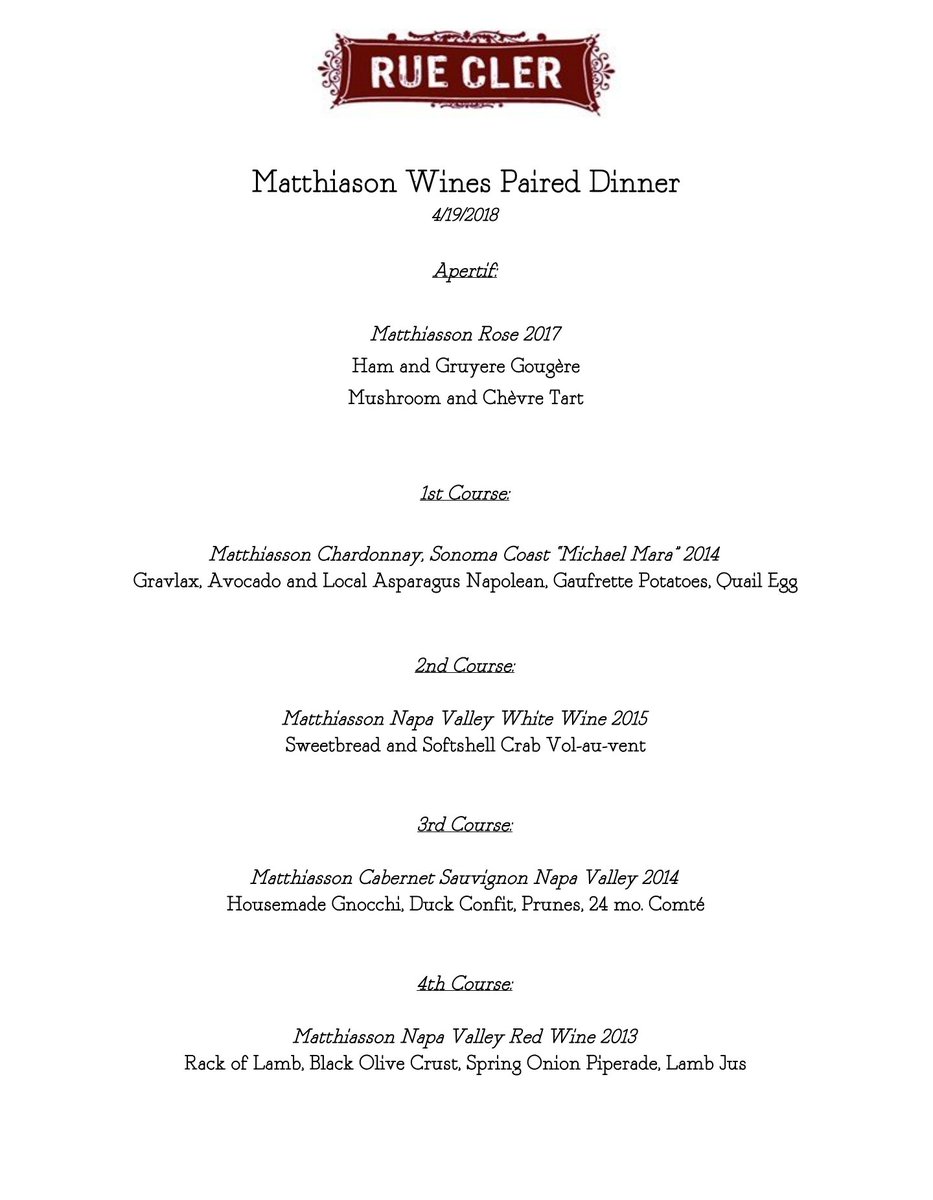 Chef Todd has just finalized his menu for the Matthiason Wines paired dinner on  Thursday, April 19. We've still a few seats available, so give us a call today at 919-682-8844 if you'd like to attend!
