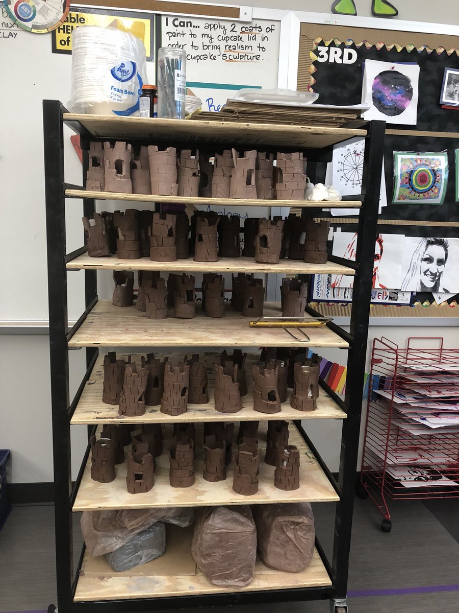 These clay castles are drying out, getting ready for the kiln. Leather hard stage to green ware in a week. Thankful for storage space! #allofuswillcreate