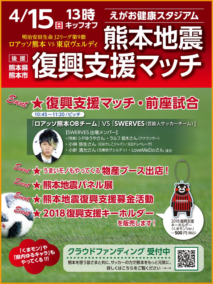 ロアッソ熊本 Official Twitter પર 明日4月15日 日 ロアッソ熊本ホームゲーム 東京v戦 熊本地震 復興支援マッチ の前座試合 ロアッソ熊本obチーム Vs Swerves において ロアッソ熊本obチームに 山口武士さんの参加が決定致しました なお 濱田照夫さんは ロアッソ熊本 Official Twitter પર 明日4月15日 日 ロアッソ熊本ホームゲーム 東京v戦 熊本地震 復興支援マッチ の前座試合 ロアッソ熊本obチーム Vs Swerves において ロアッソ熊本obチームに 山口武士さんの参加が決定致しました なお 濱田照夫さんは