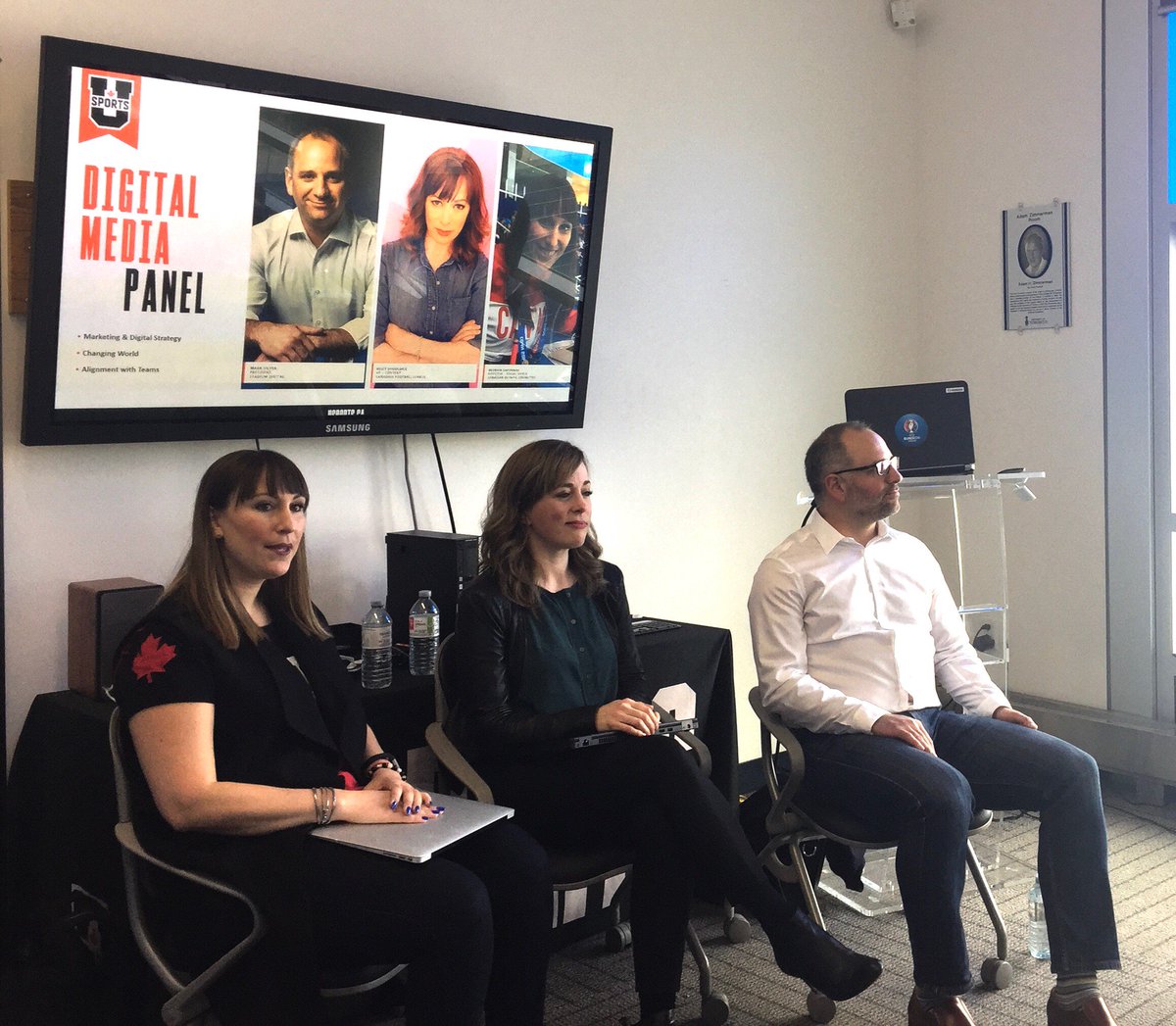 USPORTSca's tweet photo. Our final presenters of the 2018-19 National Championship Host Orientation includes Mark Silver from @stadiumdigital , Kelly Shouldice from @CFL and Georgia Sapounas from @TeamCanada who are providing some great advice on digital marketing &amp; social media! https://t.co/ViiFPEm0Re